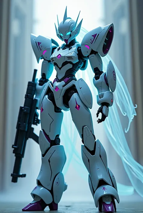 a mecha, white, blue. Ghostly appearance, japonese, yurei, long-range sniper on its right arm. Its symbol is hack, feminine and scary appearance. drone shaped cover.