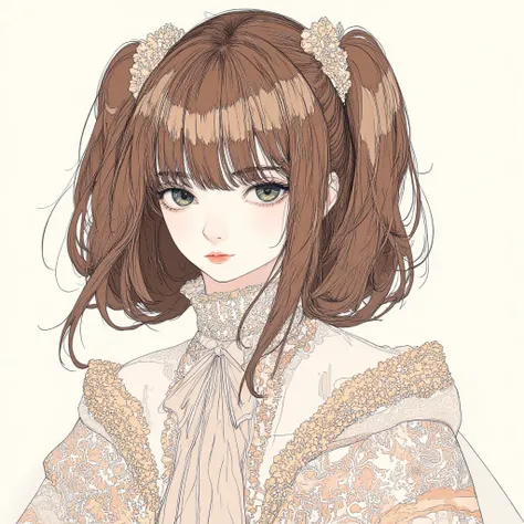 Hand-drawn、 girl、 Hair、 long hair、front、Brown eyes、 half twin tails、wavy hair 、 minefield fashion with deep meaning、 frill、 lace clothes 、Crisp lines