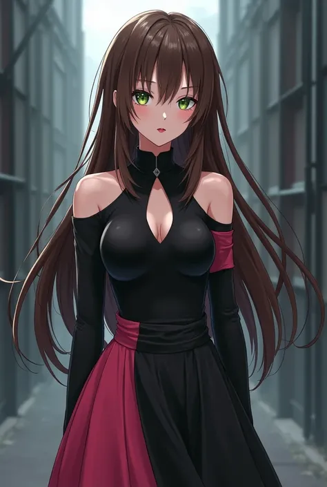  Drawing style from the anime Tokyo Revengers .  a very beautiful girl .  Green eyes and cherry lips ,  long brown hair with some highlights.  She wears a black t-shirt with a high collar ,  with bare shoulders,  separate long sleeves and a front cut on th...