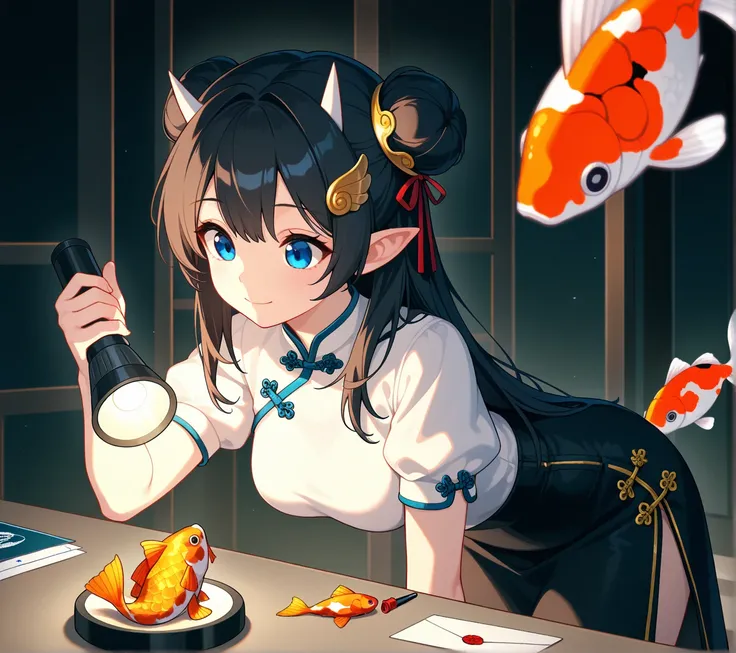 1 ,  alone,   long hair,  blue eyes,  black hair ,  blue eyes, happy,  mouth shut,medium breasts,  hair bun , double bun,  Horns, unscrewed ,  looking at the object ,   looking at the flashlight a,  holding a flashlight ,bowing, shirt, skirt,  long sleeves...