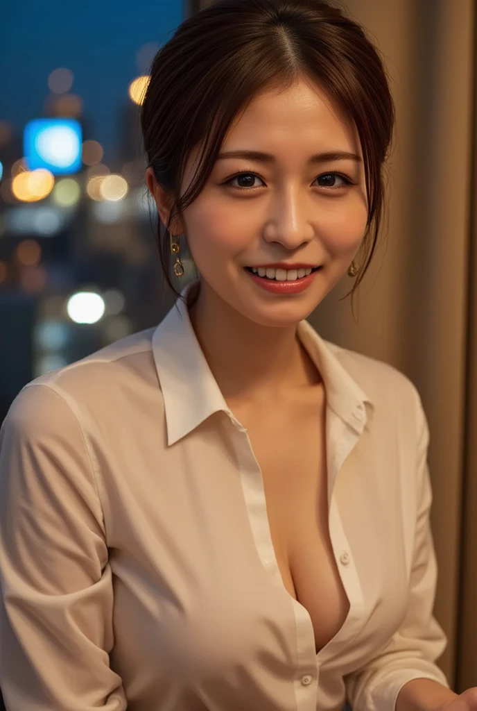 (  Popup、 updo hair、   white shirt、   Masterpiece,  Laughter、        Night View of the Big City Seen from the Window      、      Big Chest Cross   、     oily skin、The sunset illuminates her、   sunset shines into the room、、         Top Quality    :1.2),    ...