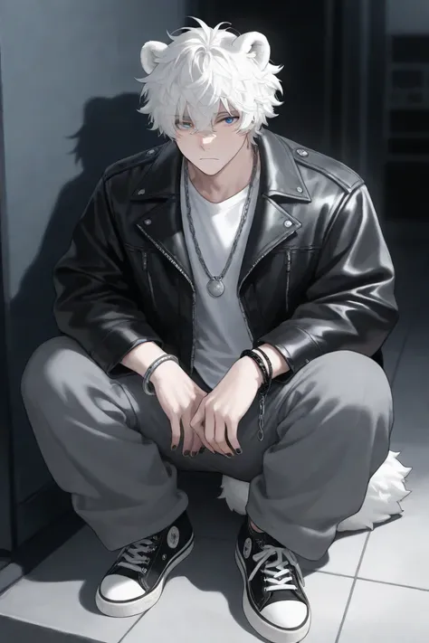 1boy, polar bear boy, polar bear ears, polar bear tail, white hair, messy hair, dark blue eyes, tall, wide shoulders, 24 years old
Black and silver bracelets, baggy gray pants, Black leather jacket, silver wallet chain, black nails, white undershirt, black...