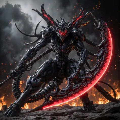 Fighter Machine Demon  :   Strong and Threatening Figure  ,   Equipped with a Brilliant Hybrid Sickle and Spear Weapon  ,   Armor Combating Gears and Technical Elements with Demonic Organisms,   Fighting in a Magma Zone Filled with Smoke and Igneous Rocks ...