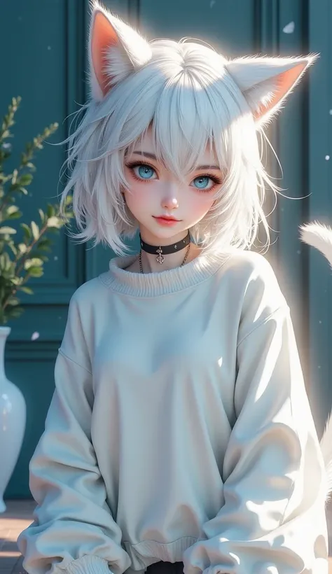 1 girl , cat girl , slender , cat ear , cat tail , big oversize sweater , long sleeves overhand , bottomless , bottom heavy , white hair , white fur , cat collar , blue eye , animal ears, :3, animal ear fluff, slit pupils , looking away from viewer , Sweat...