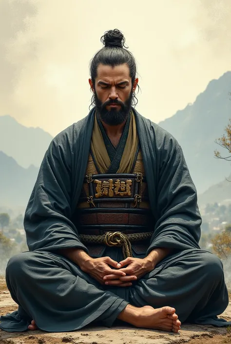 Samuraisen meditating looking forward, super realistic aesthetic and masterpiece, Transform her into a man 