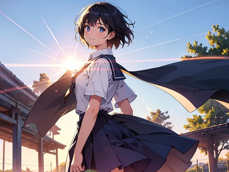 cinematic angle, solo focus,masterpiece, best quality, extremely detailed, absurdres,  ,lens flare, very aesthetic,one cute girl has short hair, (wind),from side,the background is park, the girl wearing (school uniform ),light smile,