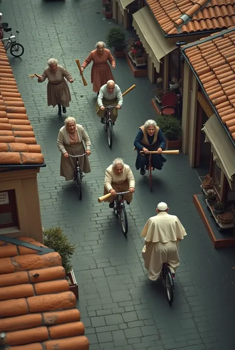 Wide angle aerial photograph from above the rooftop of a cafe, looking down onto the street. Six very angry grandmothers are seen chasing the pope down the street. They are holding rolled up newspapers or rolling pins and waving them angrily in the air as ...