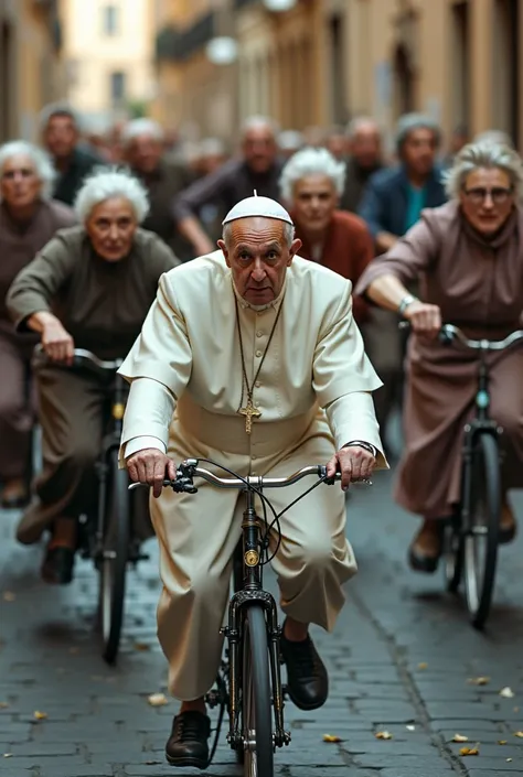 Wide angle aerial photograph from above the rooftop of a cafe, looking down onto the street. Six very angry grandmothers are seen chasing the pope down the street. They are holding rolled up newspapers or rolling pins and waving them angrily in the air as ...