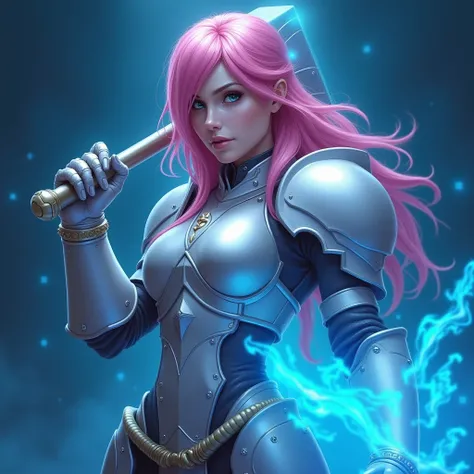 Make an image of a woman with pink hair  , with an almost dark but faint blue background , with shiny white armor and a large sledgehammer with blue fire in his hands, In landscape format, Arcane animation 