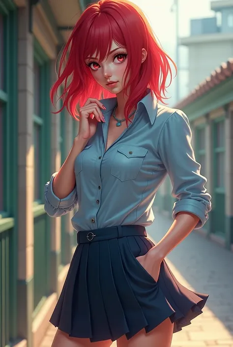 Young Caucasian , daring looking , Intense cherry red dyed hair,  with side bangs with school uniform in light blue shirt and short navy blue skirt 