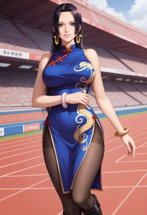 anime font, milf,  pose sexy,  borrowed letter , beautiful skin, Boa Hancock, Hair preto,  blue eyes,  Hairs longos,  detailed,  big boobs, 1 ,  pantyhose ,  alone, jewelry, Chinese_clothes, China_ dress, bracelet,  dress, Picos, boots, pelvic_ cortina ,  ...