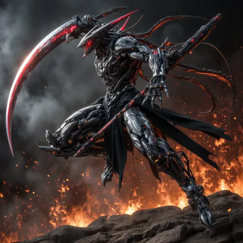 Fighter Machine Demon  :   Strong and Threatening Figure  ,   Equipped with a Brilliant Hybrid Sickle and Spear Weapon  ,   Armor Combating Gears and Technical Elements with Demonic Organisms,   Fighting in a Magma Zone Filled with Smoke and Igneous Rocks ...