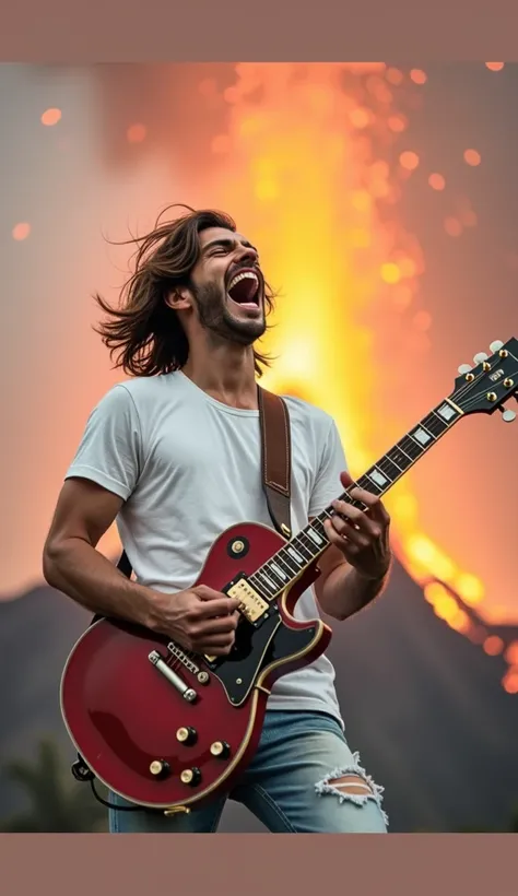 
img_200 Realistic , High details, high resolution. Anatomical correct. Close up face.  Spanish male guitarist ,  handsome brown leather shoulder-length hair . screaming mouth . White T shirt ,  light blue jeans torn .  Playing red vender electric guitar w...