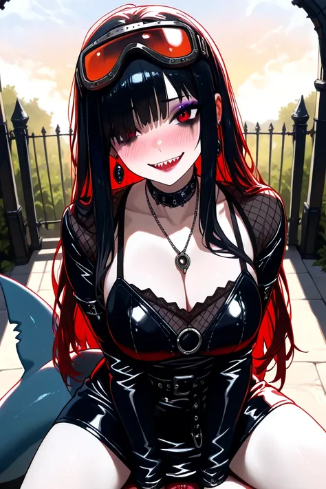 A shark girl  , Serrated smile with shark teeth   , gothic Shark girl With shark tail and fins , detailed leather dress, heavy iron gate with dark forest behind it, spooky, red glow , With shark tail and fin  , Long hair Long hair , And with aviation goggl...