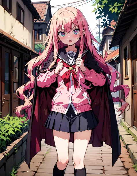 Louise Zero  ,  1 girl, Alone,  long hair, Pentagram, Cape,  pink hair,  pink eye, Black sailor suit,Pink cardigan, Long Sleeve, mini pleated skirt,Black knee socks,Brown loafers,Pull clothes ,  skirt tag ,  miniskirt,  skirt flip,Can you hold the skirt wi...