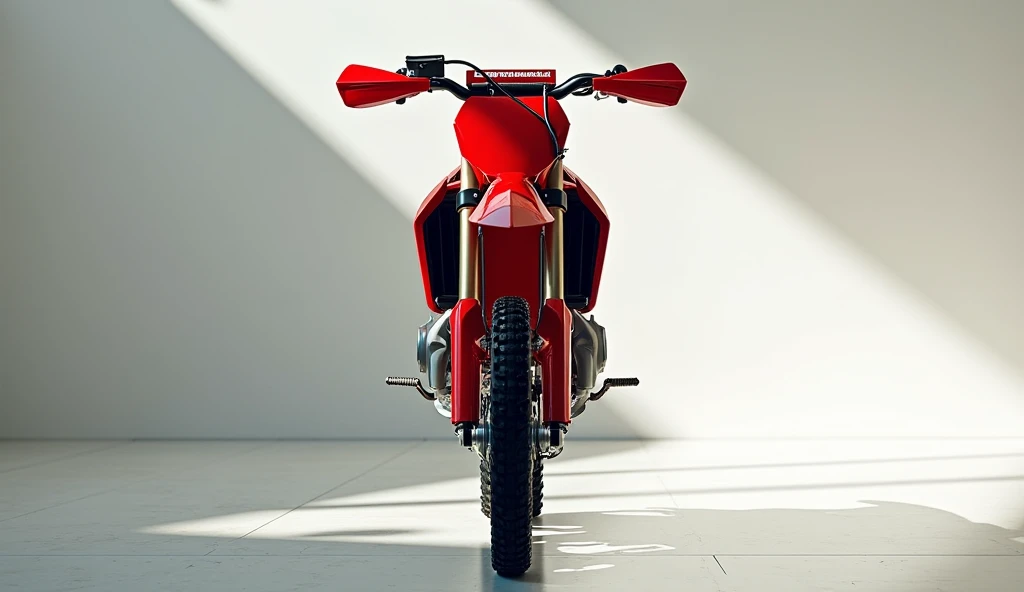 2025(Kawasaki Kx 500 dirt bike) motorcycle in vibrant(Red shiny) color standing in luxury showroom.full (front ) show with showroom background white blur