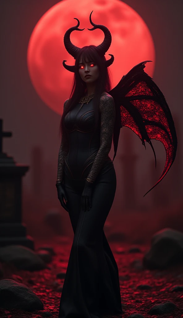  beautiful succubus、 red glowing eyes、 bat wings on back、 full body photo、Big Red Moon Background、