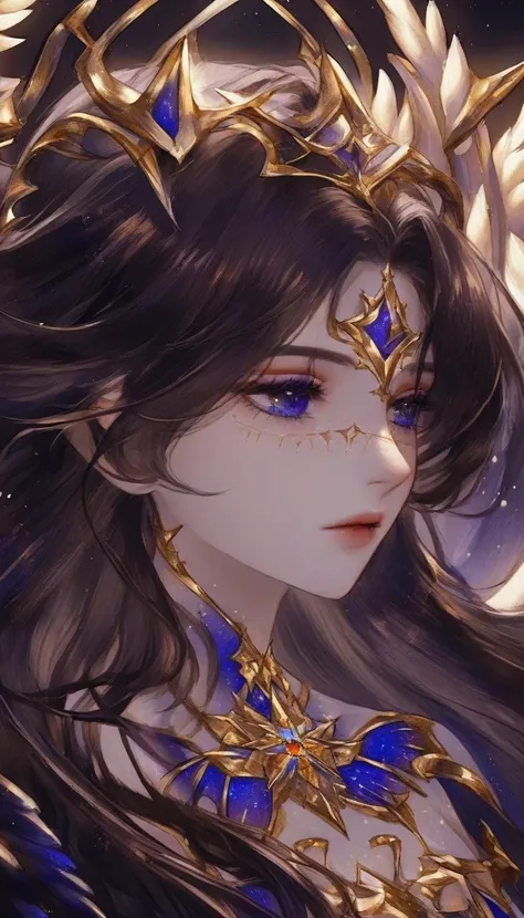  A close up portrait of a beautiful valkyrie woman with a magical and ethereal design that evokes feelings of beauty, justice, kindness and starlight. She has dark hair like the night and beautiful wings