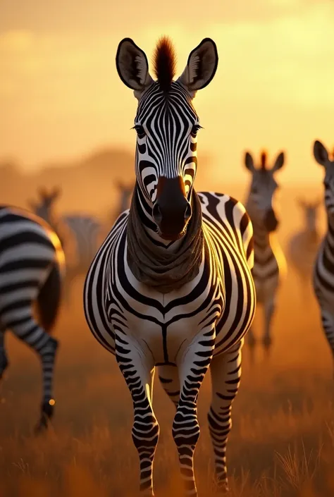 "A zebra standing among a large group of zebras, but this one zebra stands out in a striking yet natural way. The uniqueness is realistic and grounded: perhaps it has a different stripe pattern, a confident posture, an expressive gaze, or a subtle detail l...