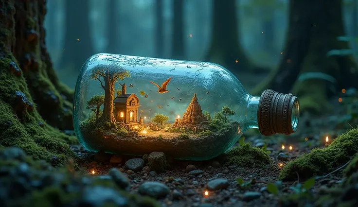 An old, round, antique glass bottle lying on its side on the forest floor, its surface weathered with cracks and intricate, ancient carvings. The dense, mystical night forest surrounds it, with glowing moss, bioluminescent mushrooms, and an eerie mist curl...