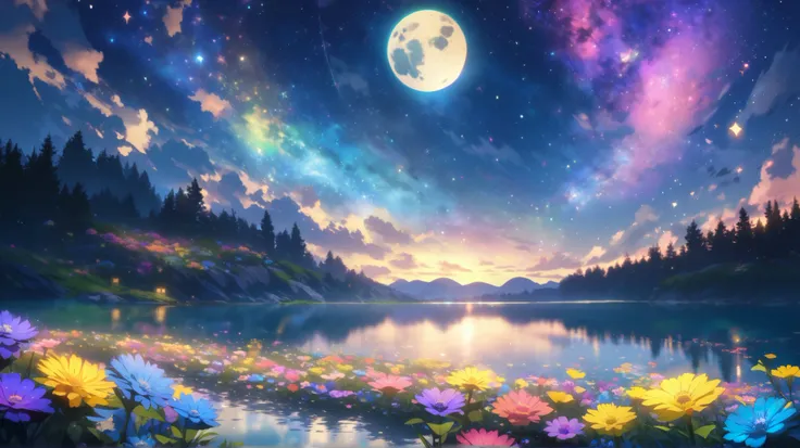  high resolution,  stars and moon , lake, Based on blue and yellow,  dreamy sight,  colorful flowers, night