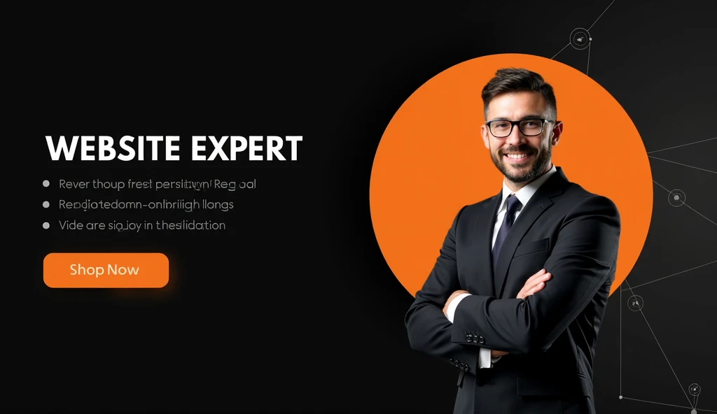 A professional-looking man in a black suit smiles confidently while standing with his arms crossed. The background features a bold orange circle and a black backdrop with geometric shapes. Text on the left side reads WEBSITE EXPERT with a bullet-point list...