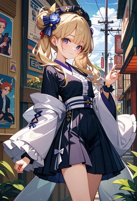 posters、 anime style、((( best composition、 top quality、 greatest masterpiece、 super detailed、 high definition、CG)))、 absurd、 fantasy、Shoulder、 has long sleeves 、The cuffs are widened、 unique cute dress、（ box pleated skirt 、The inner fabric of the pleats ha...