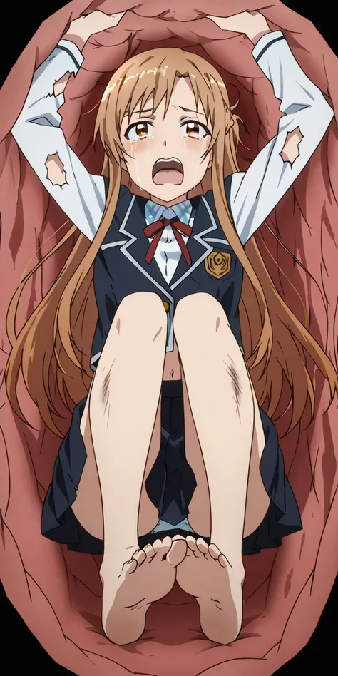 anime screencap, asuna, winter school uniform barefoot, fullbody, sole feet, inside a stomach,
stomach interior, tears, open mouth, front view shot, severely damaged clothes, bare arms, screaming,