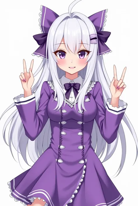 Rude female Kawai anime character (heroine costume)  long-haired female character with white hair and the character with purple features and purple costume 