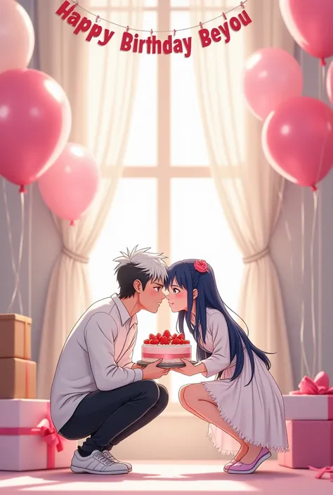 Anime pictures 2 .A beautiful realistic 7D of the house, one of the lovely white and pink themed birthday parties, with balloons and birthday presents sitting next to a black-haired man with white highlights, wearing a white long-sleeved shirt, standing as...