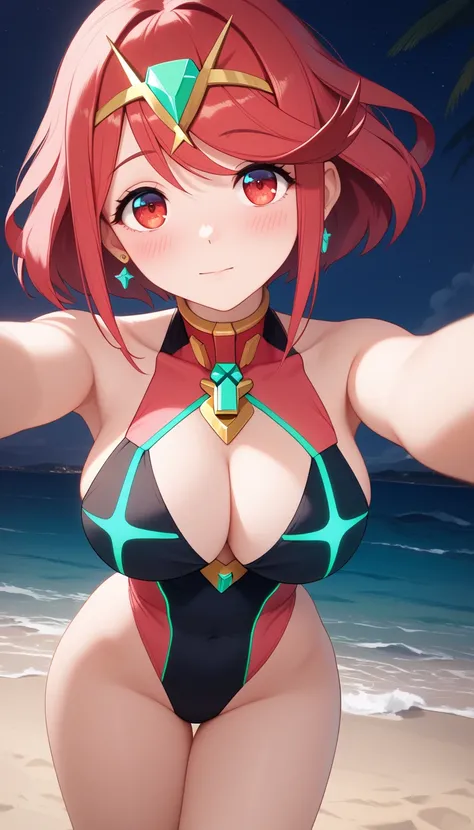 High resolution, perfect lighting , beautiful and detailed eyes , (( masterpiece, 22 years old Best quality ))  masterpiece,  4k,     ultra detailed, cosplay de pyra, standing, crystalline red eyes,    Shiny hair, blushing ,    slightly large thighs,    sl...