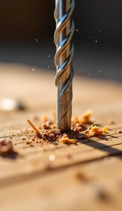 Create a slow-motion close-up video of a metallic nail striking down onto a wooden market surface. The scene should capture the moment of impact where the nail penetrates the wood, showcasing splinters flying and wood fibers breaking apart. Emphasize detai...