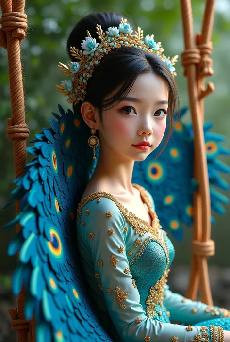 Realistic face. BEAUTIFUL Cambodian youngteen woman. BLUE PEACOCK BACKWINGS. BLUE CAMBODIAN OUTFIT & HEADPIECE. BACKGROUND: Swing. 