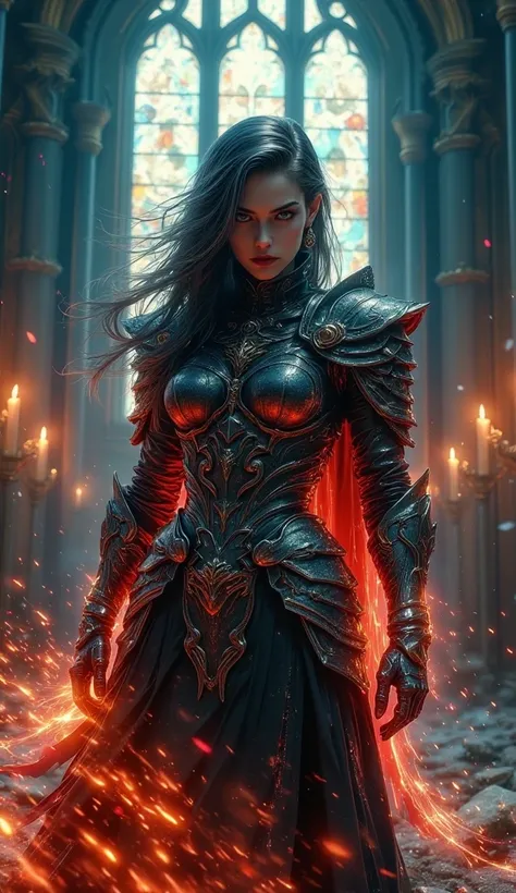 Grimdark digital portrait. Close-up full body. A heavily armored female warrior, chaos magic swirling around her, standing in a dark, ruined cathedral. Ultra high contrast. Fiery, hellish glow of chaos magic illuminates her dark, gritty armor. Gritty, smol...