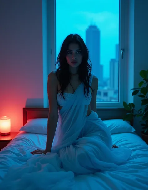 "overall":"award winning action color photo of a beautiful Indian woman femme fatale during the evening in a bedroom, the overall theme is sensual horticulturists, dark and decadant undertones with a seductive noir feel, photo by Yoshitaka Amano, Yoji Shin...