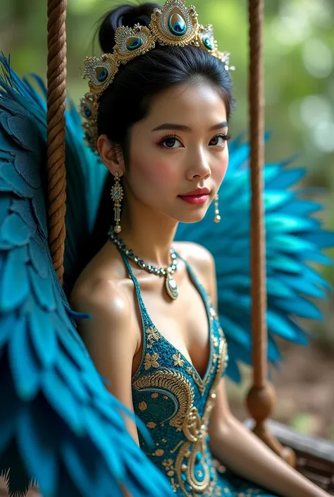 Realistic face. BEAUTIFUL Cambodian youngteen woman. BLUE PEACOCK BACKWINGS. BLUE CAMBODIAN OUTFIT & HEADPIECE. BACKGROUND: Swing. 