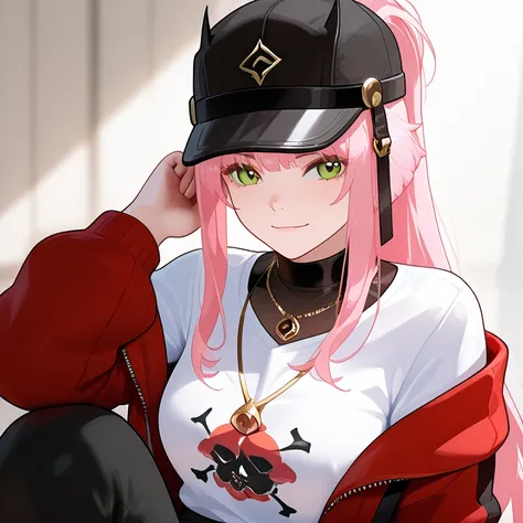 strong white woman with long straight pink hair tied back, Black sport cap with red details, green eyes and a slightly square shaped face, light smile, red jacket large and White long t-shirt and dark black bodystocking cropt a golden necklace on neck and ...