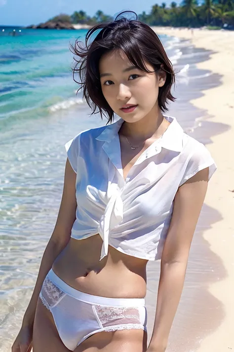 (Riho Yoshioka:1.2)、Open chest shirt with white underwear、 glossy lips on the beach 