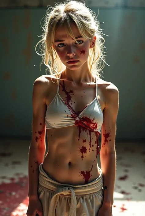 Very young blonde karatec girl in a white bra ruined by many scratches, bleeding a lot,  only with the karateca pants very shattered, Scratched and thrown on the floor bloodied suffering too much