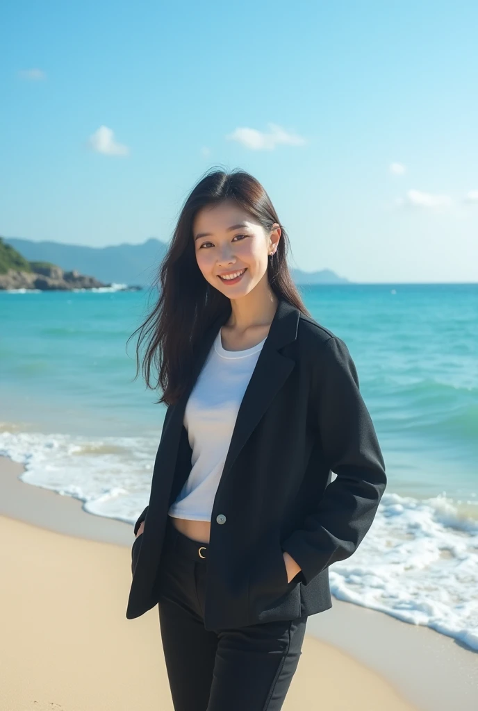 On the side of the vast beach the blue sea stretches with fresh green jungle,  sunny weather blue sky , There is a full body of a beautiful Korean woman, Clear face, soft , clear , sweet smile to the camera , dress shirt A black jacket, pencil pants , spor...