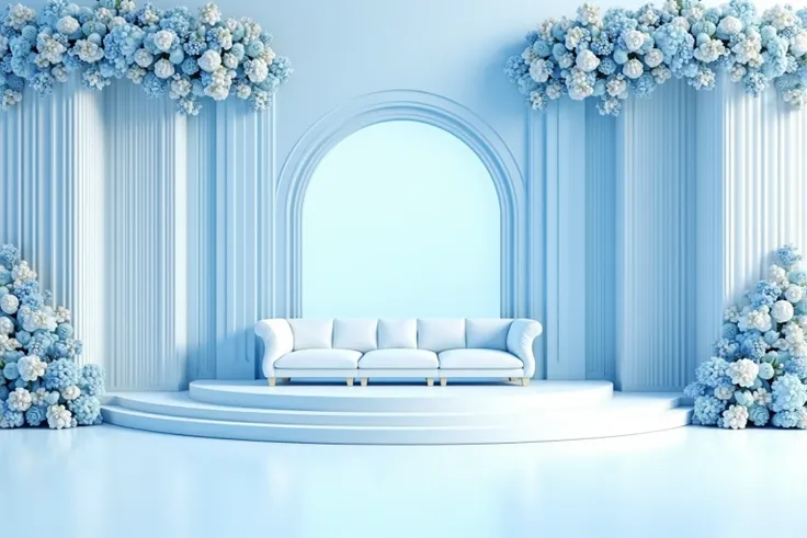 Wedding backdrop with big stage and a sofa, wedding theme is ice blue and white