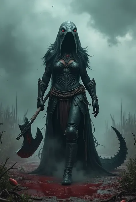 A female muscle orca , Very scary,  dressed in an arcane outfit made of leather and skin ,  brandishing a massive battle axe on a battlefield in a dark fantasy land with creepy flora and a sky full of black clouds,  there is a lot of dried blood on the flo...