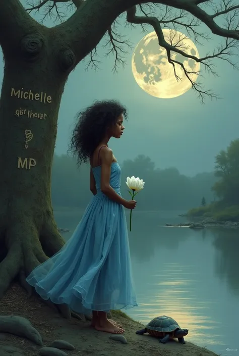 curly hair , dark skinned ,  thin , blue dress , FROM BACK ,  in his hand a white tulip ,  a little turtle on its foot  , looking at the moon , a river ,  a tree and in the carving the name Michelle 