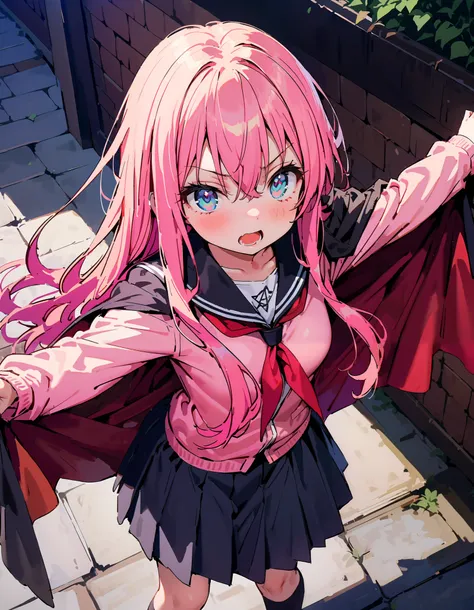 Louise Zero  ,  1 girl, Alone,  long hair, Pentagram, Cape,  pink hair,  pink eye, Black sailor suit,Pink cardigan, Long Sleeve, mini pleated skirt,Black knee socks,Brown loafers,Pull clothes , Tight skirt tag  ,  lift up and hold the skirt with both hands...