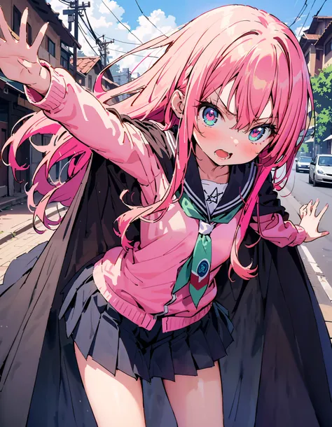 Louise Zero  ,  1 girl, Alone,  long hair, Pentagram, Cape,  pink hair,  pink eye, Black sailor suit,Pink cardigan, Long Sleeve, mini pleated skirt,Black knee socks,Brown loafers,Pull clothes , Tight skirt tag  ,  lift up and hold the skirt with both hands...