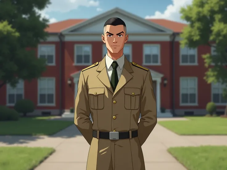 Male teacher in khaki dress in school outside house short hair black skinhead