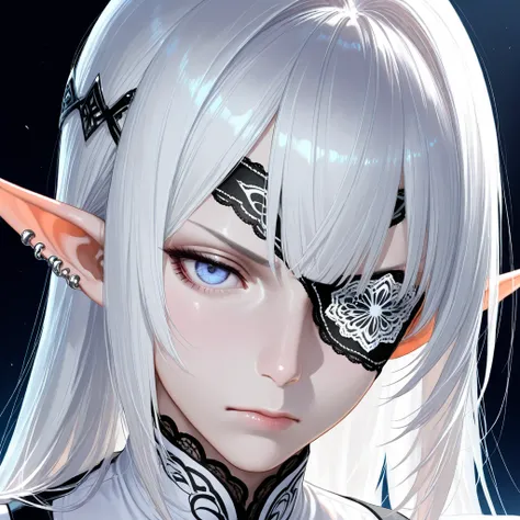 A highly detailed, ultra-realistic male character with pale skin and a sharp, defined jawline. He has long, silky white hair with straight bangs partially covering his forehead. His left eye is hidden behind a lace-patterned white eyepatch, while his right...