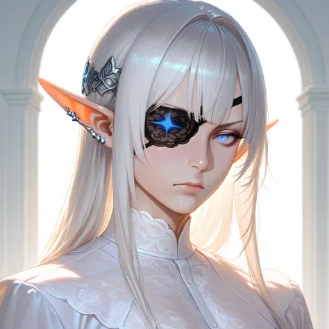 A highly detailed, ultra-realistic male character with pale skin and a sharp, defined jawline. He has long, silky white hair with straight bangs partially covering his forehead. His left eye is hidden behind a lace-patterned white eyepatch, while his right...