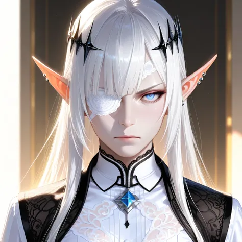 A highly detailed, ultra-realistic male character with pale skin and a sharp, defined jawline. He has long, silky white hair with straight bangs partially covering his forehead. His left eye is hidden behind a lace-patterned white eyepatch, while his right...