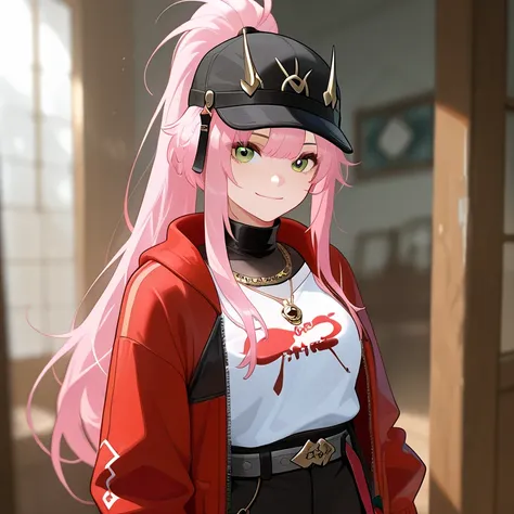 strong white woman with long straight pink hair tied back, Black sport cap with red details, green eyes and a slightly square shaped face, light smile, red jacket large and White long t-shirt and dark black bodystocking cropt a golden necklace on neck and ...